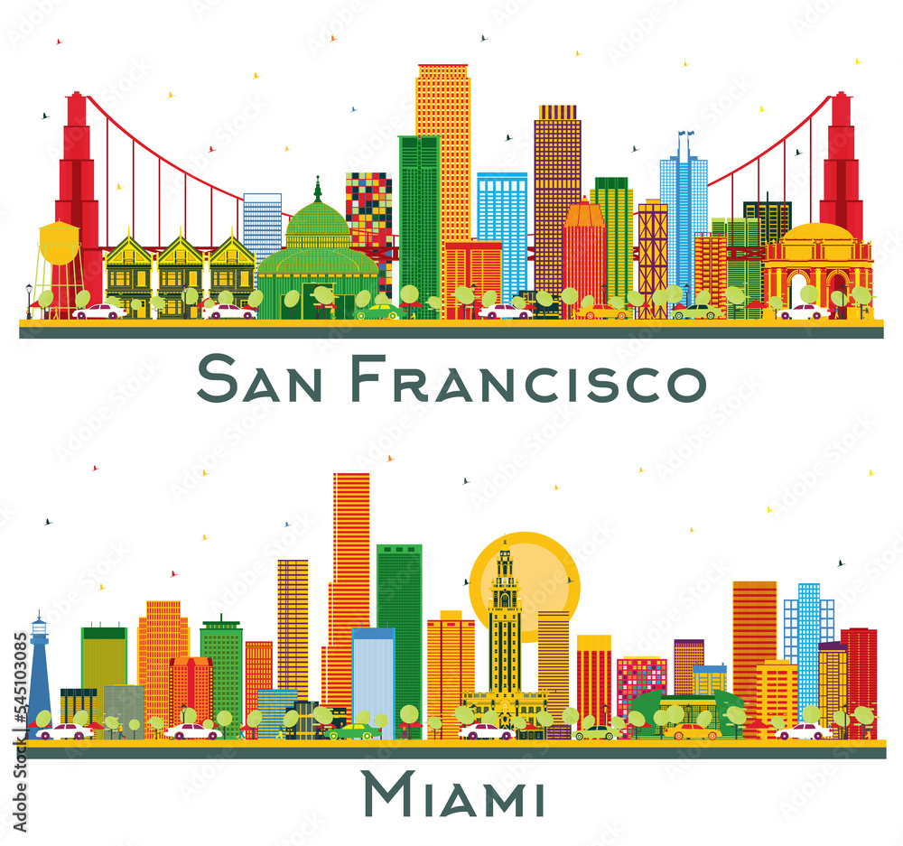 Miami Florida and San Francisco USA City Skyline Set