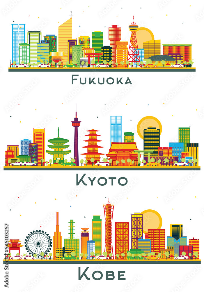 Fototapeta premium Kobe, Kyoto and Fukuoka Japan City Skyline Set.