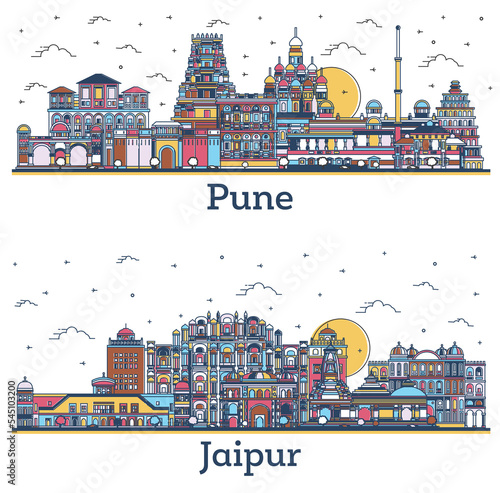Outline Jaipur and Pune India City Skyline Set.