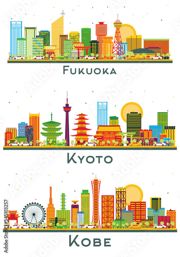 Kobe, Kyoto and Fukuoka Japan City Skyline Set. photo