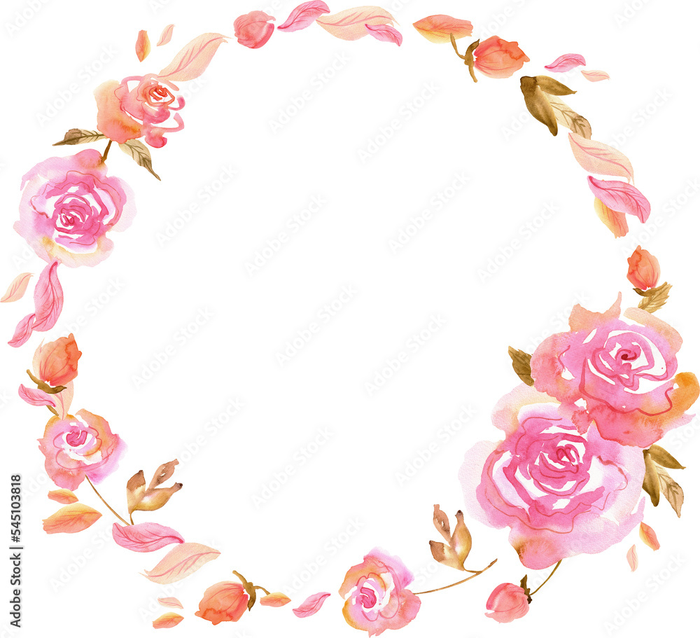 Watercolor pink rose wreath. Hand painted illustration Watercolor pink rose wreath. Hand painted illustration