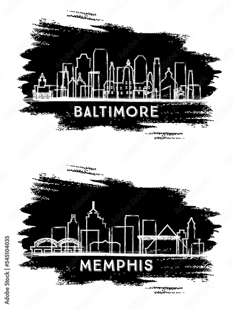 Memphis Tennessee and Baltimore Maryland City Skyline Silhouette Set.