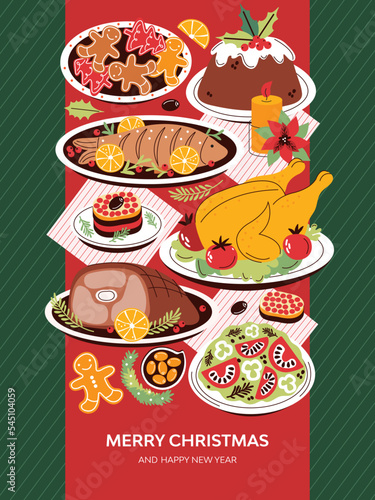 Wallpaper Mural Merry Christmas and happy New Year greeting card, poster, banner. Festive family New Year eve dinner. Traditional holiday food. Top view. Colorful cartoon flat vector illustration of christmas table. Torontodigital.ca