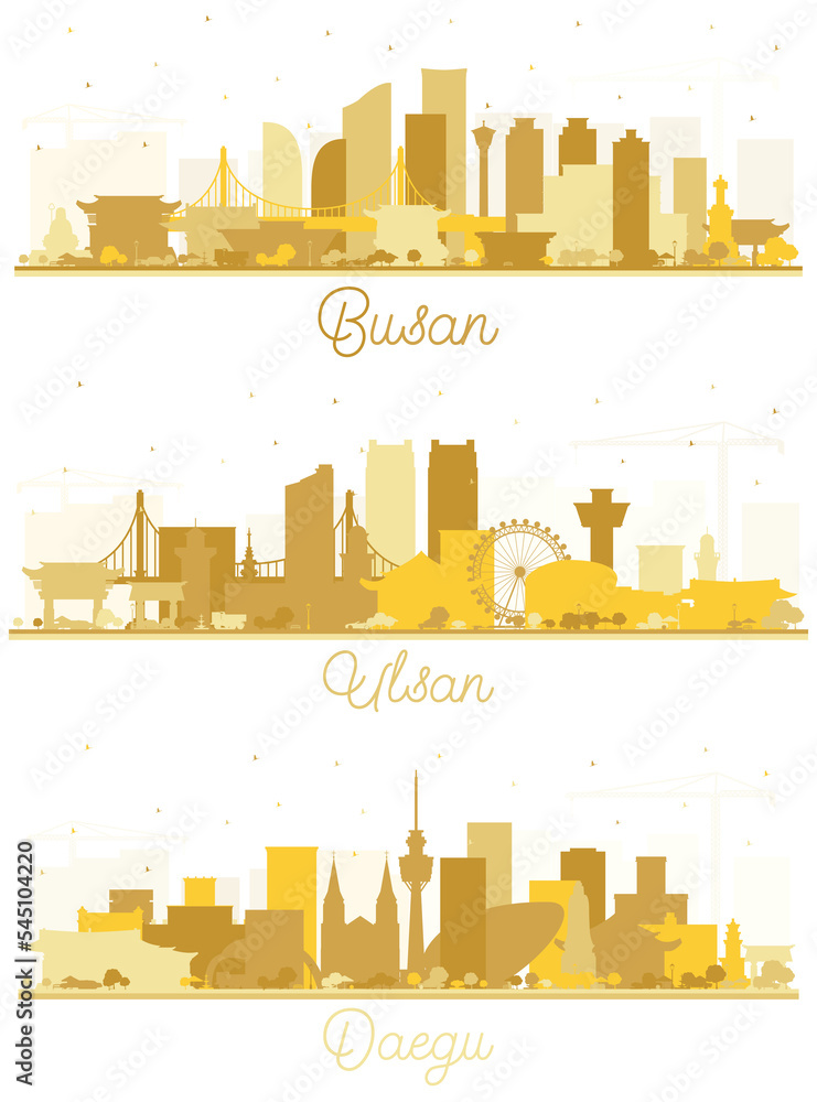 Ulsan, Daegu and Busan South Korea City Skyline Silhouette Set with Golden Buildings Isolated on White.