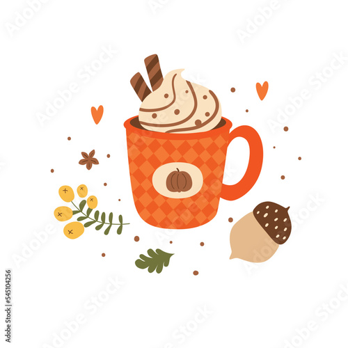 Pumpkin spice latte hand drawing isolated element. Cozy autumn hot drink decorated fall leaves, berry, acorn in cute cartoon style. Fall season greeting vector illustration.