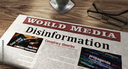 Disinformation, manipulation and propaganda retro newspaper 3d illustration