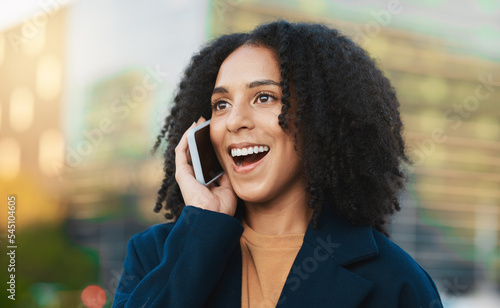 Black woman, phone call and city travel of a person happy about online and 5g web communication. Network conversation of a female with mobile technology of a online internet chat outdoor with a smile