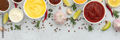 Different types of sauces in bowls with seasonings banner, rosemary and pepper, thyme and garlic, lime and lemon, cilantro, top view, copy space