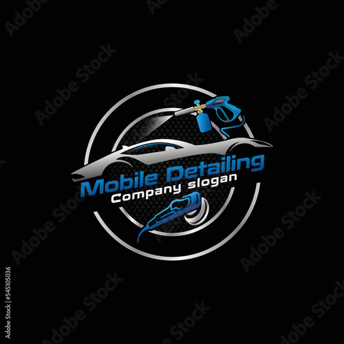 Premium Auto detailing mobile tint and car wash logo with spray gun and sports car outline and detailer vector