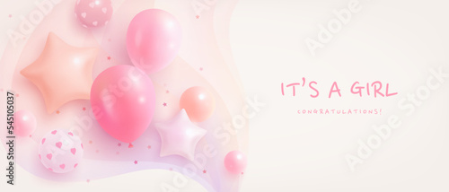Baby shower invitation with 3d cartoon helium balloons on pink background. It's a girl. Vector illustration