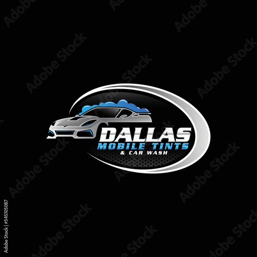 Premium Auto detailing mobile tint and car wash logo with water splash and sports car outline 