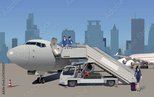 Gangway near the plane and the stewardess. Vector.