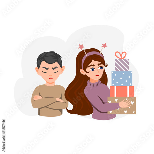 Cute girl holding a stack of gift boxes in front of her. The boy is offended and upset. Flat style vector illustration isolated on white background.