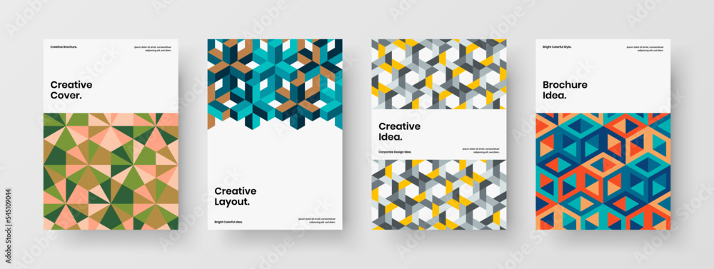 Simple geometric pattern company cover template set. Bright flyer A4 design vector illustration bundle.