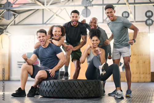 Fitness, gym and group of people portrait for workout teamwork, collaboration and motivation with power, energy and commitment. Excited, strong and sports people or friends with exercise goals