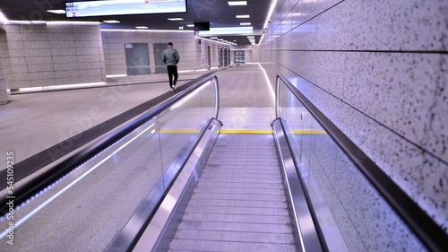 Modern interior design and lighting of metro station corridor. 