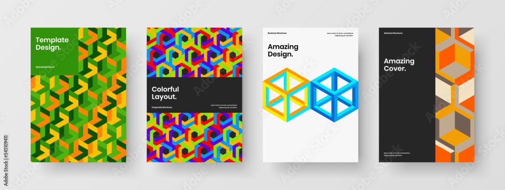 Abstract book cover A4 vector design concept composition. Creative mosaic shapes placard template bundle.