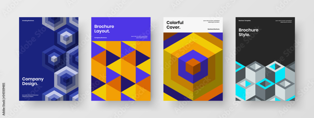 Colorful geometric shapes catalog cover illustration collection. Modern placard A4 vector design concept set.