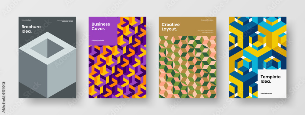 Abstract cover A4 vector design illustration set. Fresh mosaic hexagons poster template composition.