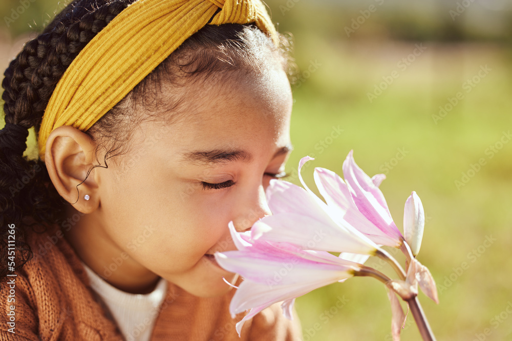 Nature, beauty and child smell flower in park, enjoying weekend, holiday and vacation in countryside. Peaceful, freedom and young black girl smelling aroma or scent of plant on field in spring time - obrazy, fototapety, plakaty 