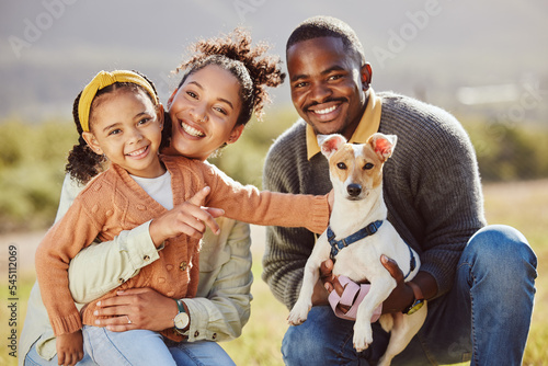 Photography Family, portrait and dog at park with girl and parents relax, bond and play, happy and smile in nature