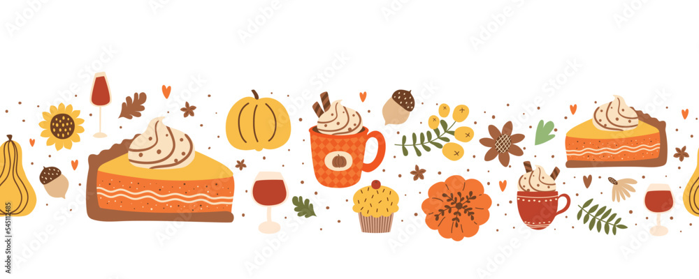 Fall pumpkin pie slice and pumpkin spice latte seamless horizontal border decorated fall leaves, flowers, acorns, berry. Vector autumn season repeat frame food. Cute Thanksgiving day illustration. - obrazy, fototapety, plakaty 
