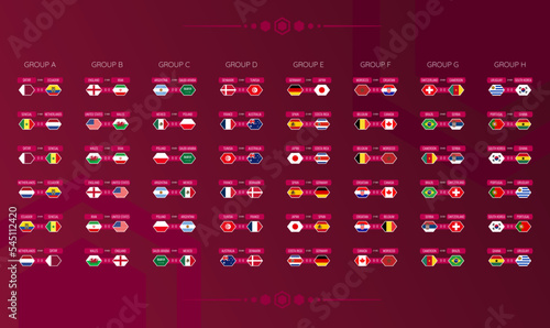 World Football Championship 2022. Groups and matches. Match schedule table by a groups. Vector illustration