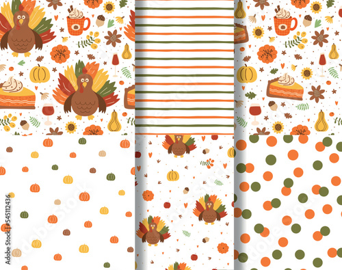 Thanksgiving dinner seamless pattern set with turkey, pumpkin pie slice, pumpkin spice latte, autumn leaves, sunflower, pumpkins cute cartoon repeat background. Thanksgiving food vector illustration