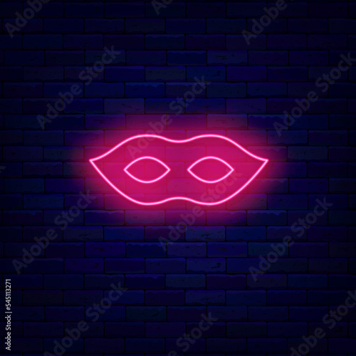Pink masquerade mask neon icon. Party stranger decoration. Happy new year sign. Vector stock illustration