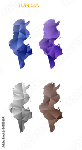 Set of vector polygonal maps of Tunisia. Bright gradient map of country in low poly style. Multicolored Tunisia map in geometric style for your infographics. Cool vector illustration.