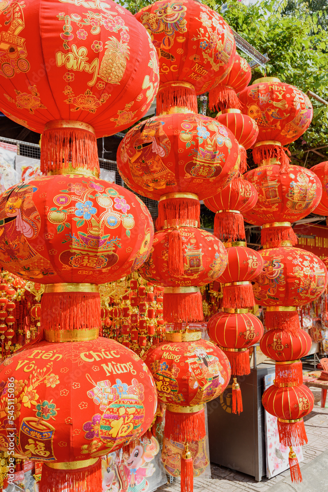 Traditional red lanterns at Lunar New Year market, Vietnam