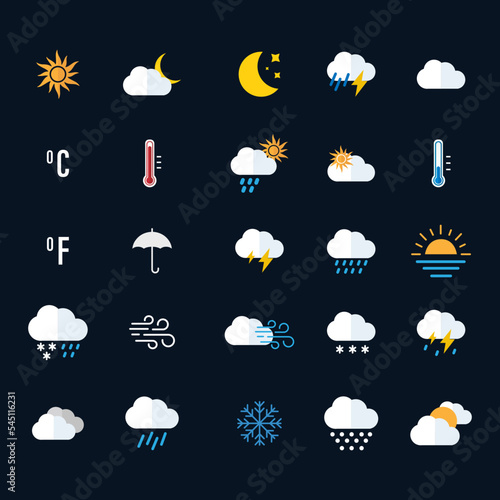 Weather icon set. Sunny, cloudy, rainy, stormy, hot degrees sun. Seasons. Vector illustration on black background