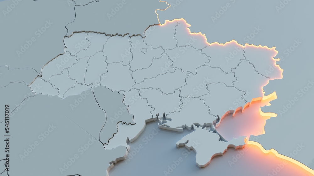 Tension between Ukraine and Russia. Conceptual map of state borders. 3D rendering