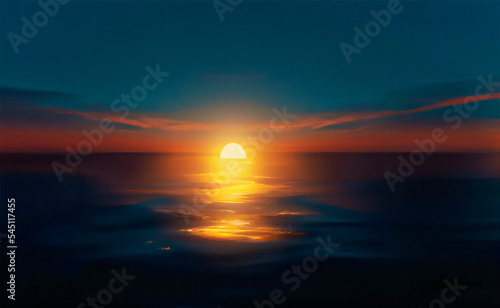 Night fantasy seascape with beautiful sunset above water of the sea