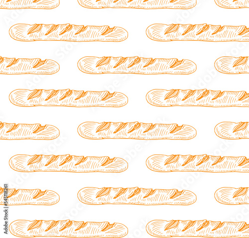a pattern from a baguette. seamless pattern of a long yellow baguette drawn in doodle style randomly arranged on a beige background for a bakery template