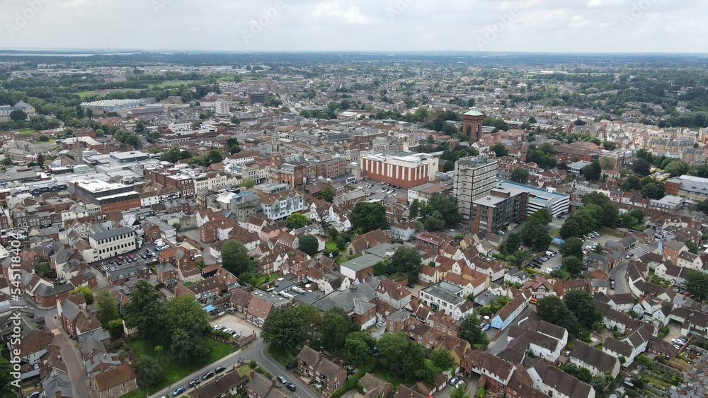 Colchester City centre shops and houses Essex UK drone aerial view