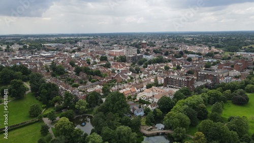 Colchester City centre streets houses Essex UK drone aerial view .