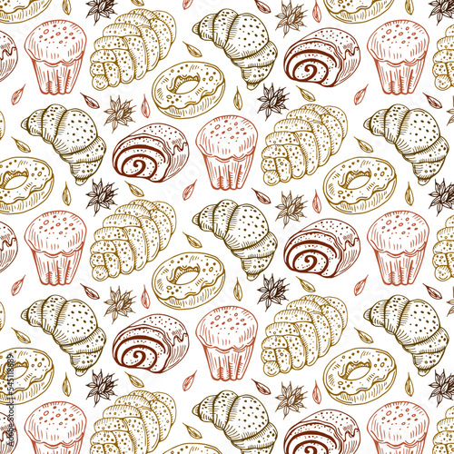 Vector bakery retro seamless pattern. Vintage Illustration. Sketch