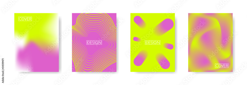 Set of abstract minimal covers design on bright violet and acid colors. Future geometric patterns. Colorful illustration on vertical A4 format. Mesh gradient, dynamic lines and 3d shapes. Original com Set of abstract minimal covers design on bright violet and acid colors. Future geometric patterns. Colorful illustration on vertical A4 format. Mesh gradient, dynamic lines and 3d shapes. Original com