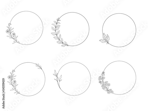 Set of floral flowers frames. Botanical clip art. Wildflowers wreath skethc.Vector Line drawn leaves and branches frames. Logo design element.