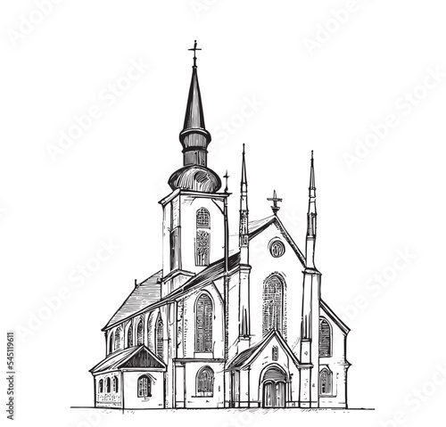 Catholic church hand drawn sketch Vector illustration.