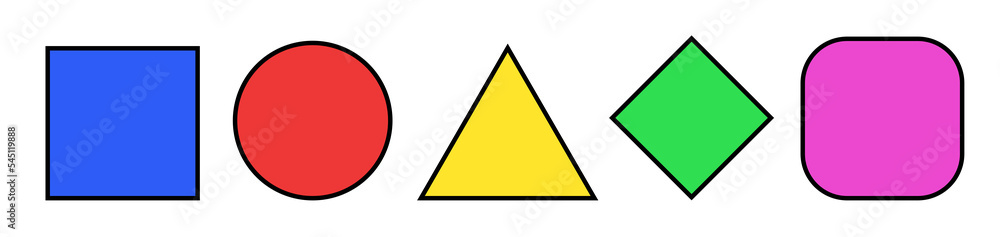 A set of isolated simple colorful geometrical shapes with a black border: blue square, red circle, yellow triangle, green diamond, pink rounded rectangle.
A set of isolated simple colorful geometrical shapes with a black border: blue square, red circle, yellow triangle, green diamond, pink rounded rectangle.