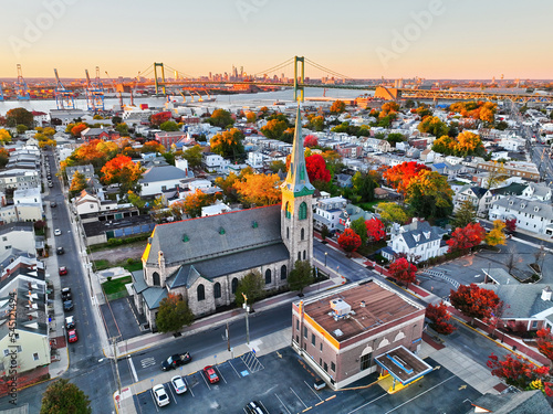 Aerial View of a Riverfront Town on the Delaware River Near Philadelphia photo