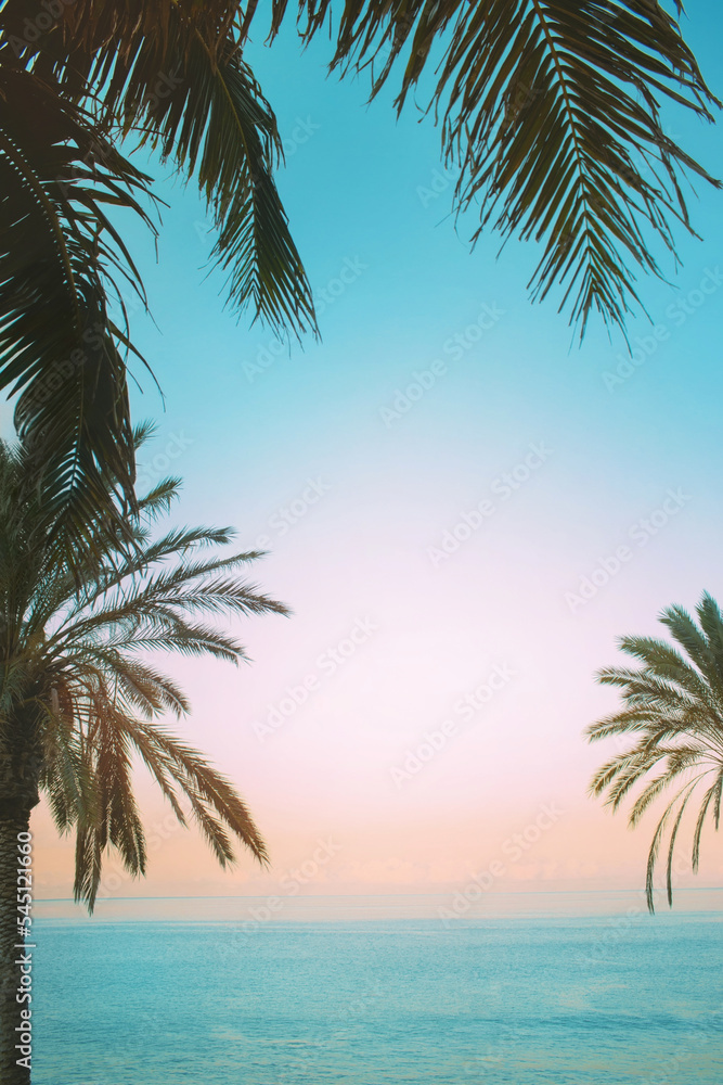 Palm leaves on sunset sky background and blue ocean water. Travel and tropical vacation concept photo in retro colors with space for text. 