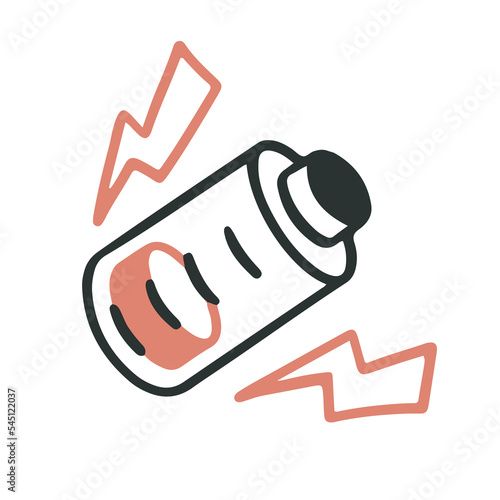 Dead battery, no power. Sadness, stress, anxiety, mental health vector illustration in doodle outline cartoon style.