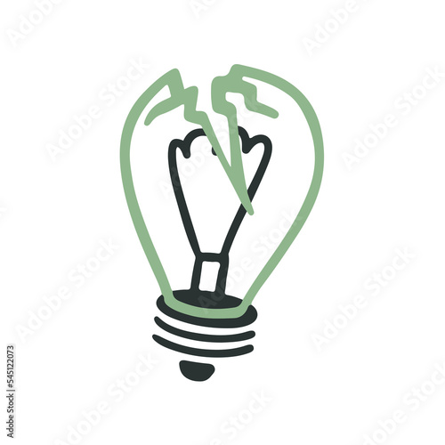 Broken light bulb in outline vector doodle cartoon style. Study of stress, lack of inspiration and ideas, anxiety, depression, sadness.