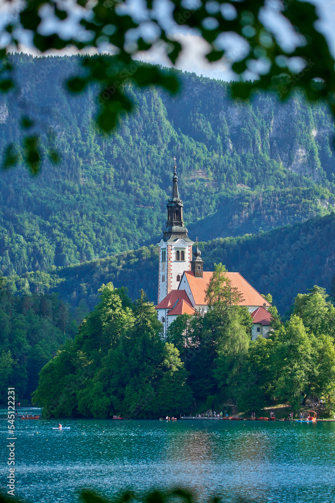 View on the island with the Church of the Assumption on Bled lake, Slovenia