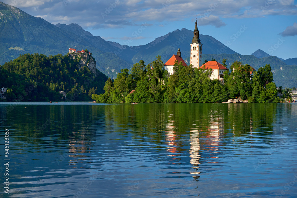 View on the island with the Church of the Assumption on Bled lake, Slovenia