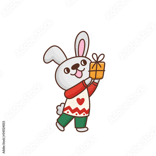 Cute bunny in cozy pajamas giving gift box. Amusing character rabbit celebrating Christmas or Birthday. Vector illustration isolated on white background.
