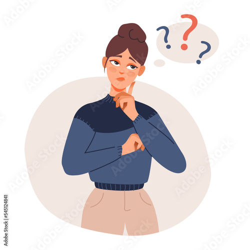 A thoughtful girl with a question. Puzzled woman doubting, deciding, setting priorities. Flat vector illustration isolated on white background